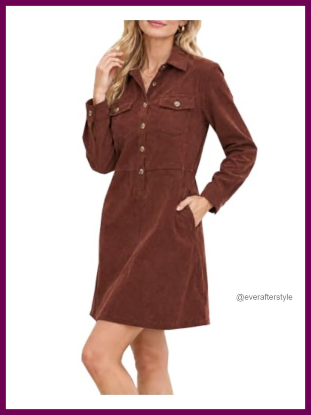 Corduroy Long Sleeve Button Down Shift Mini Dress with Pockets